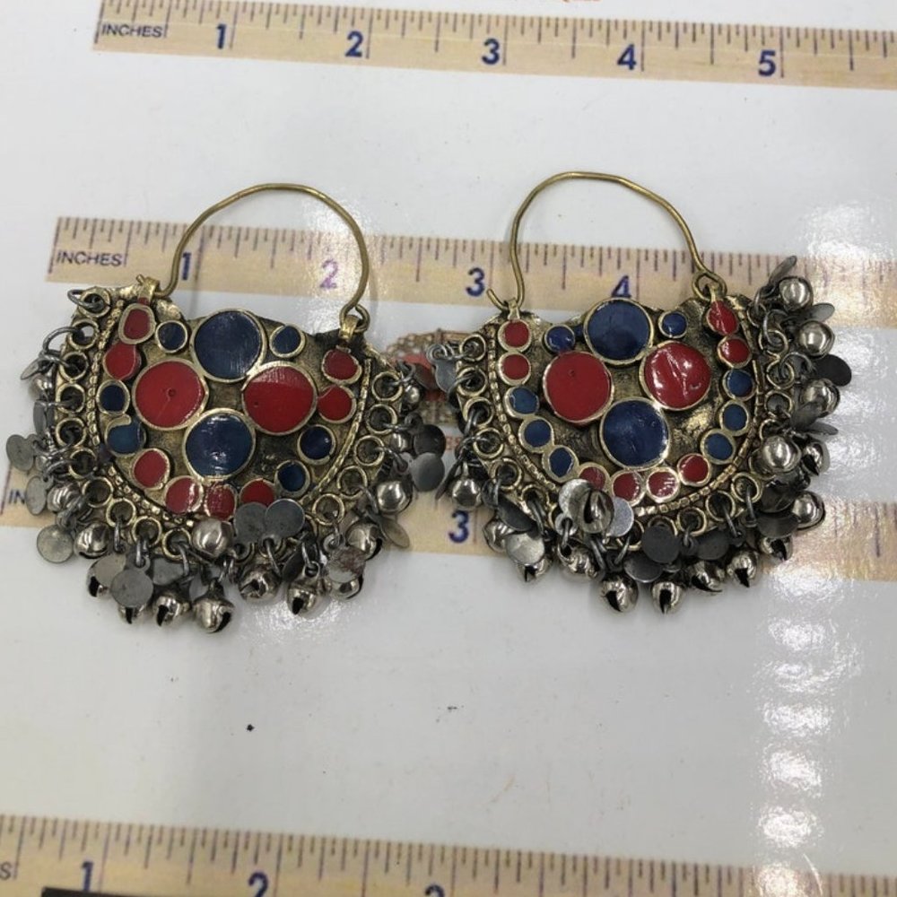 Red and Blue Kuchi Bali Earrings With Small Silver Bells, Ethnic Hoop Style Vint